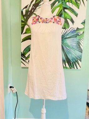 Joules White Sleeveless Mini Dress with Pink & Coral Sea Themed Embroidered Yoke